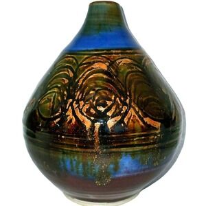 Fine Art Pottery Vase Eckles Brown Blue Olive Squat Vessel Studio Ceramic Retro